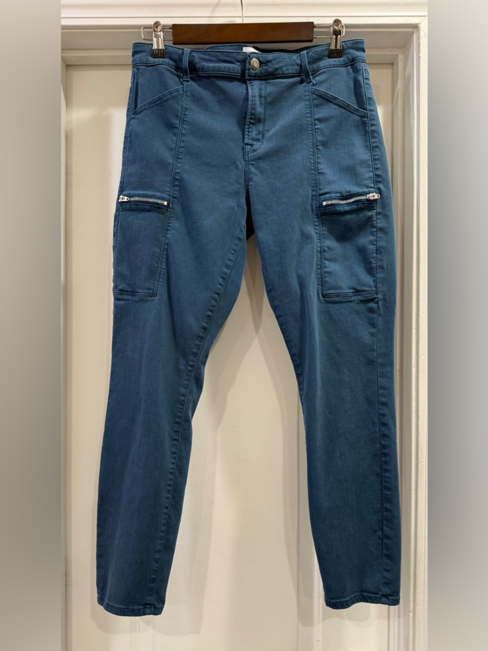PISTOLA Teal Blue  Denim Mid-Rise Pants Tapered Leg Front Zip Pockets Size 30